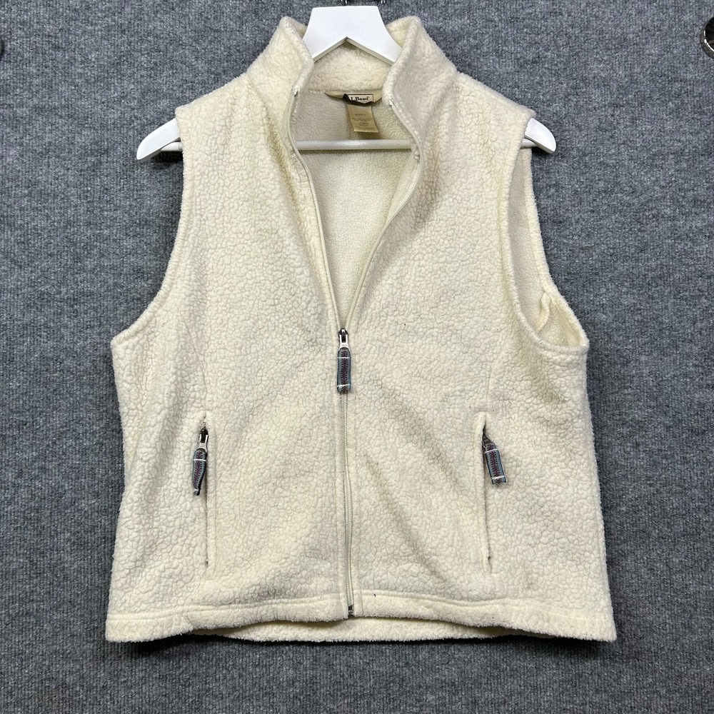 LL Bean Fleece Vest Women's Ivory Full Zip Pockets Outerwear Cozy Jacket - Large